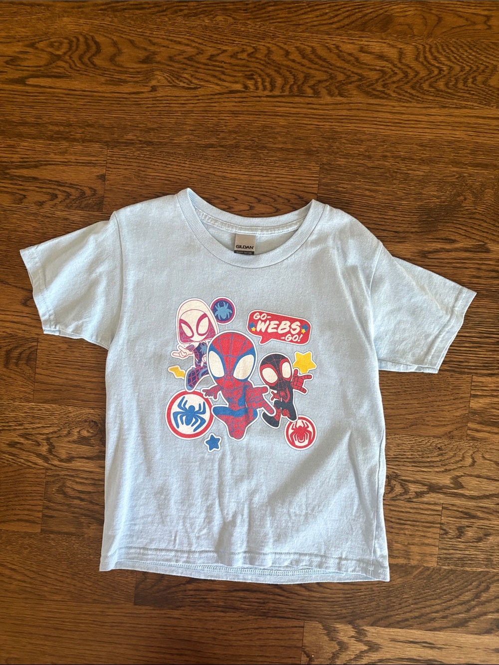 Gildan Light Blue Spider Heroes Graphic Tee with Red & Black Accents